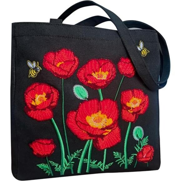 Large Canvas Tote Bag with Zipper Pocket Embroidered Shoulder Bag for Work Trave - Picture 7 of 7